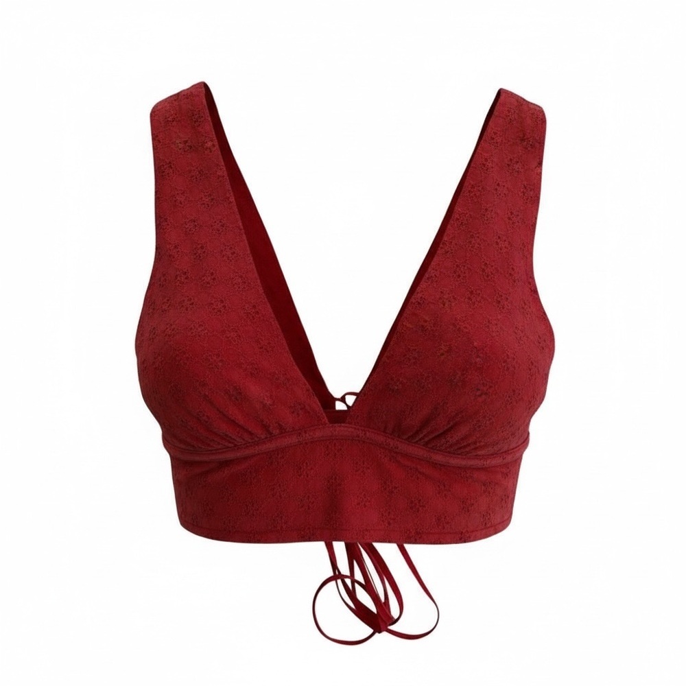 H&M Red Eyelet Bralette Crop Top Sz XS Tie Back Coquette Romantic Festival Party